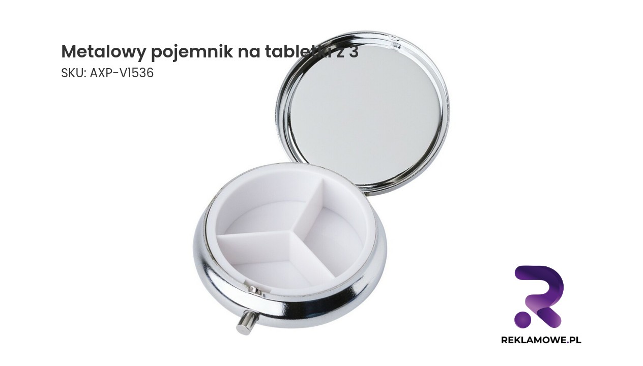 Metalowy pojemnik na tabletki z 3 przegrodami, lusterko Metalowy pojemnik na tabletki z 3 przegrodami